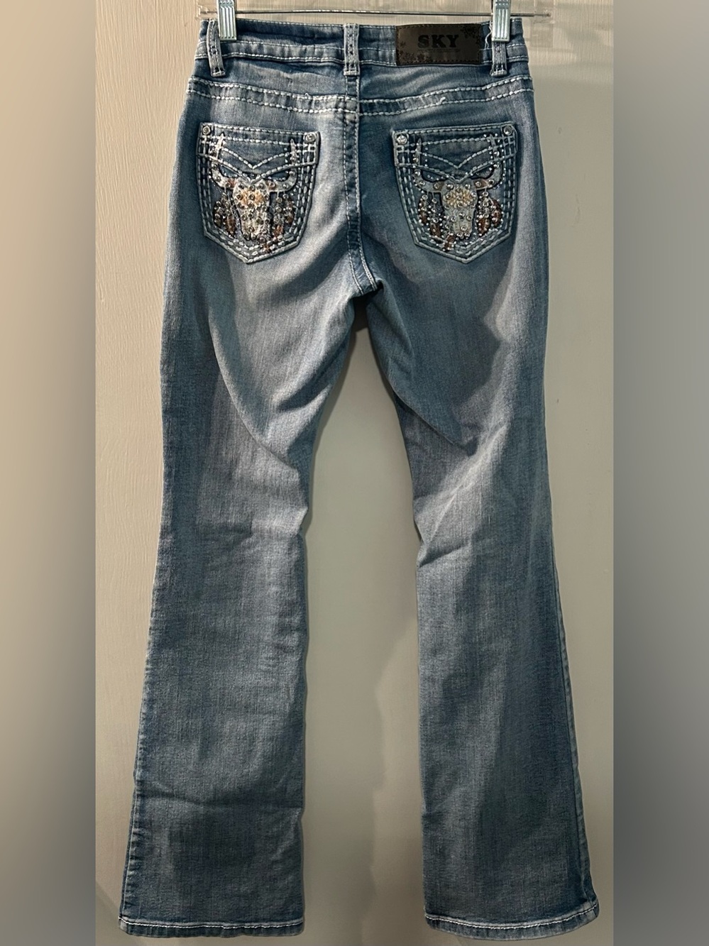 Sky Light Blue Embellished Back-Pocket Flare Jeans Size 1/2